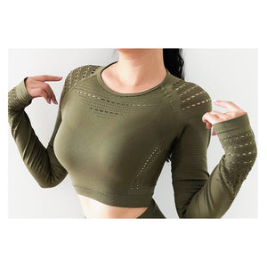 2020 New Women's Fitness T-Shirt Sport Crop Top Long Sleeve Layer Crew Neck Power Stretch Yoga Crop Top Sexy Gym Clothing