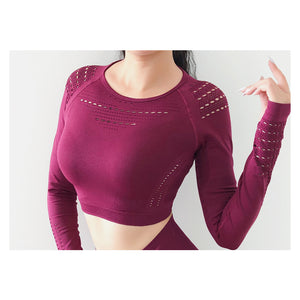 2020 New Women's Fitness T-Shirt Sport Crop Top Long Sleeve Layer Crew Neck Power Stretch Yoga Crop Top Sexy Gym Clothing